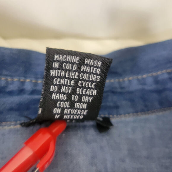 Cotton Express Shirt Womens Large Petite‎ Blue Top Chambray Roll Tab Button Up - Picture 9 of 15